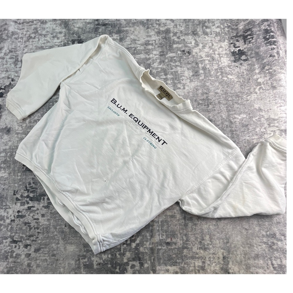 Vtg B.U.M. Equipment Womens L Sweatshirt 90s White Embroidered Logo Distressed